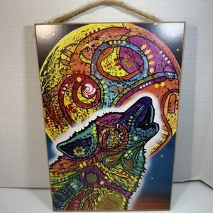 Dean Russo Colorful Howling Wolf Moon Art Wooden Wall Plaque Sign Brand New USA